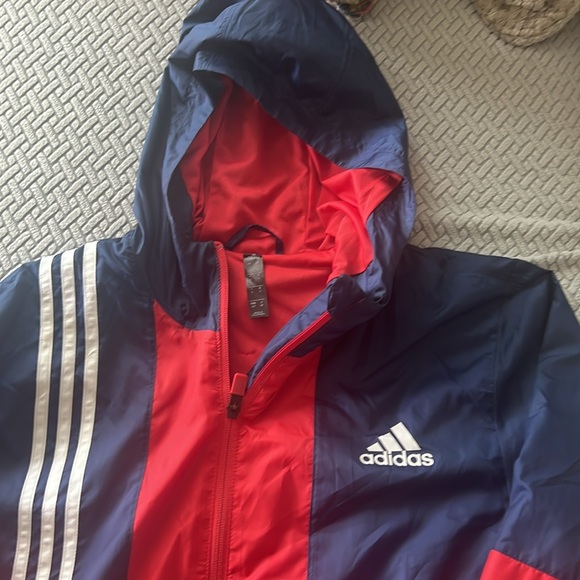 Adidas Windbreaker Jacket Mens Small Red Blue Wind Hooded Training Track Ex cond - Picture 3 of 4